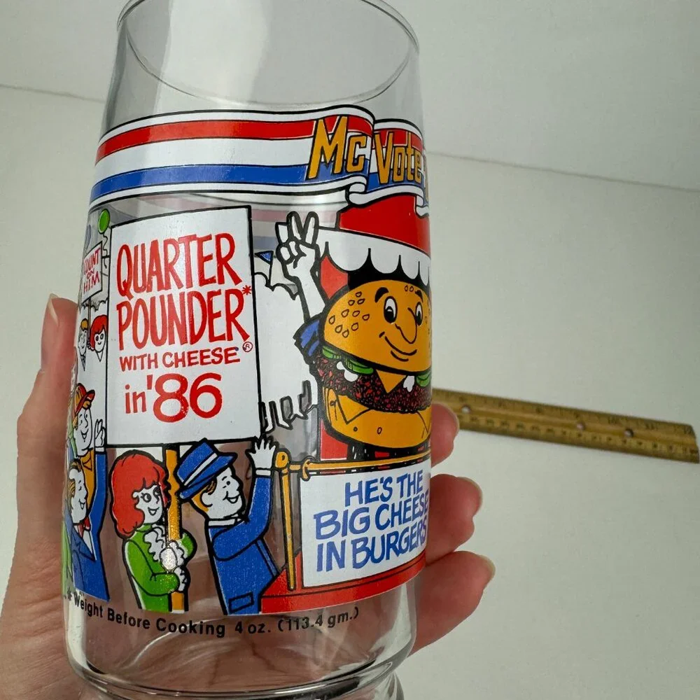 Vtg 1986 McDonalds Mc Vote Clear Drinking Glass‎ Thin Cheese Burger Collectible